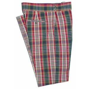 Mens Gurkha Pants Red Green Plaid Check Slim Straight High Waist Flat Front 34